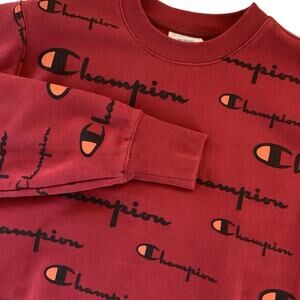 Champion All Over Print Reverse Weave Red Crew Neck Sweatshirt Medium Spell Out